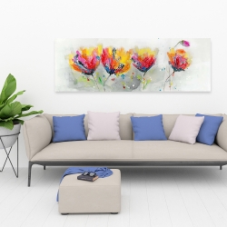 Canvas 20 x 60 - Four colored flowers on gray background