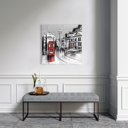 Toile 24 x 24 - Ville grise abstraite et bus rouge