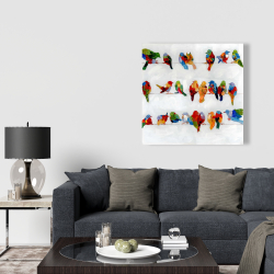 Canvas 36 x 36 - A lot of colorful birds on a wire