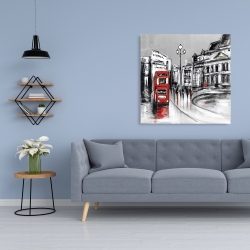 Toile 36 x 36 - Ville grise abstraite et bus rouge