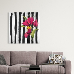 Toile 36 x 36 - Fleurs sur rayures noires et blanches