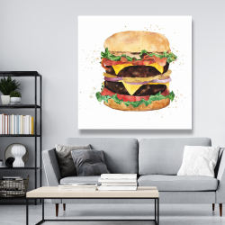 Toile 48 x 48 - Cheeseburger double tout garni à l'aquarelle