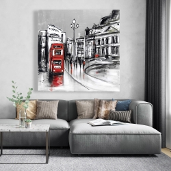 Toile 48 x 48 - Ville grise abstraite et bus rouge