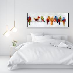 Framed 16 x 48 - A lot of colorful birds on a wire