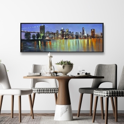 Framed 16 x 48 - Colorful city with a bridge by night