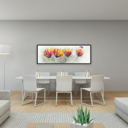 Framed 16 x 48 - Four colored flowers on gray background