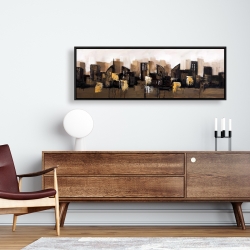 Framed 16 x 48 - Brown abstract cityscape