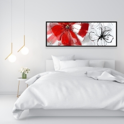 Framed 16 x 48 - Red & gray flowers
