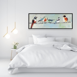 Framed 16 x 48 - Small abstract colorful birds