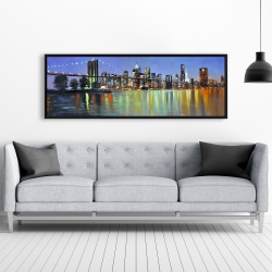 Framed 20 x 60 - Colorful city with a bridge by night