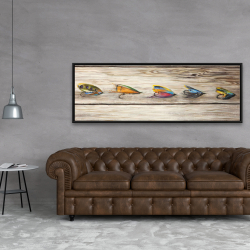 Framed 20 x 60 - Fishing flies with wood background