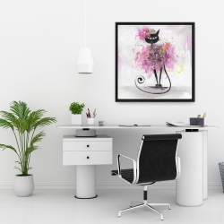 Framed 24 x 24 - Cartoon cat with pink flowers
