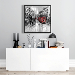 Framed 24 x 24 - Black and white street with red bus