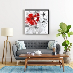 Framed 24 x 24 - Red & gray flowers