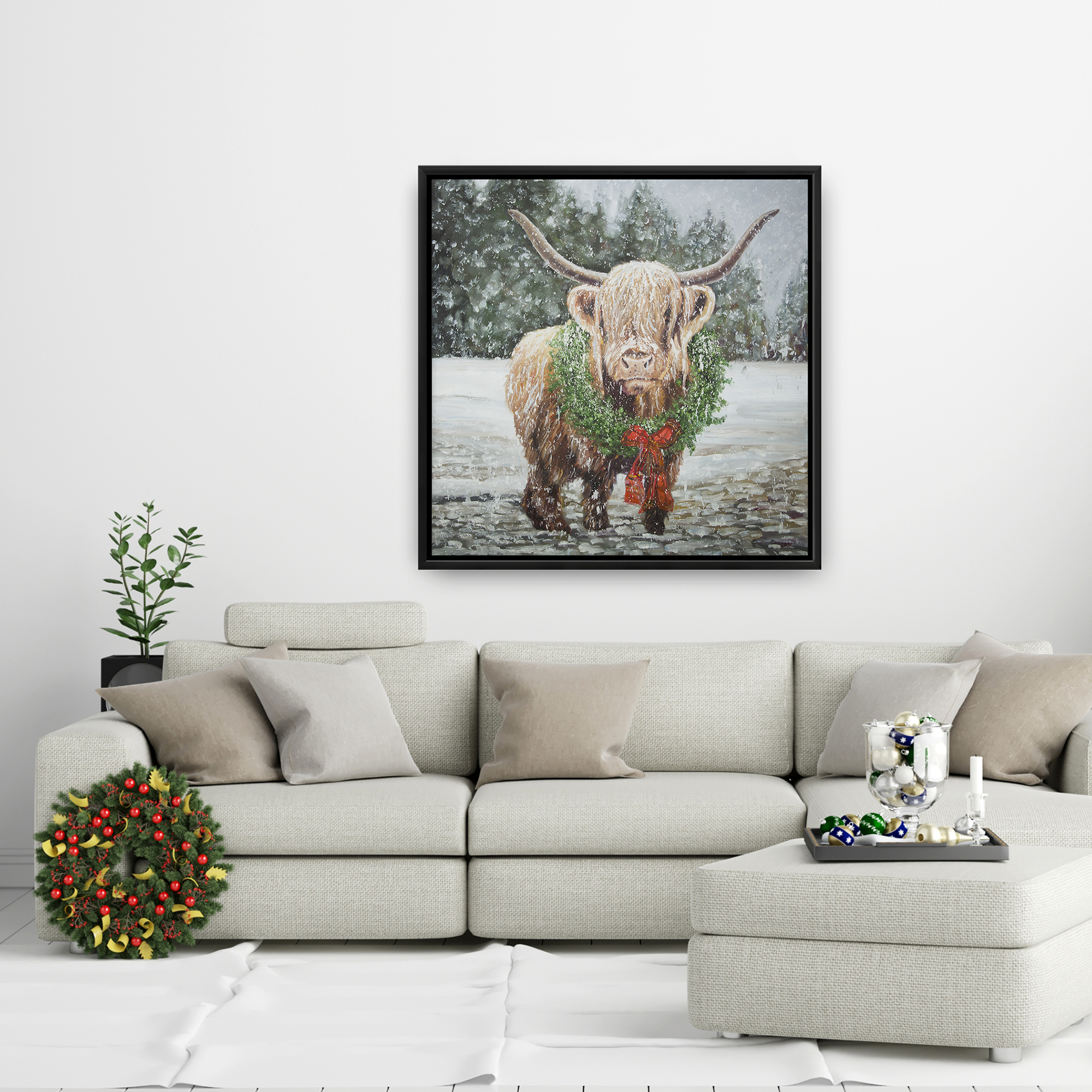 Framed 24 x 24 - Highland christmas cow