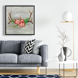 Framed 24 x 24 - Deer horns and pink flowers