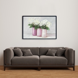 Framed 24 x 36 - Hydrangea flowers in pink vases