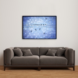 Framed 24 x 36 - Birds on a wire with a clear blue sky