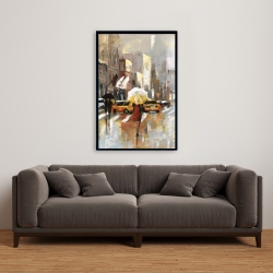 Framed 24 x 36 - People with umbrellas walking across the street