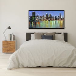 Framed 24 x 48 - Colorful city with a bridge by night