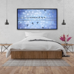 Framed 24 x 48 - Birds on a wire with a clear blue sky