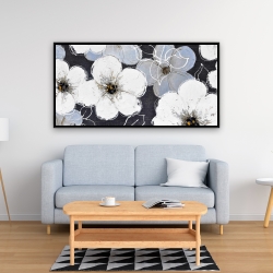 Framed 24 x 48 - White flowers with leaves outlines