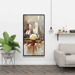 Framed 24 x 48 - People with umbrellas walking across the street