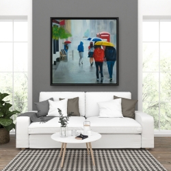Framed 36 x 36 - People walking under umbrella by a rainy day