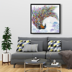 Framed 36 x 36 - Colorful peacock with flowers