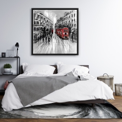 Framed 36 x 36 - Black and white street with red bus