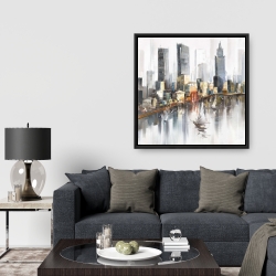 Framed 36 x 36 - Watercolor style city with boats