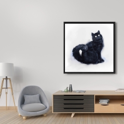 Framed 36 x 36 - Furry black watercolor cat