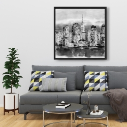 Framed 36 x 36 - Buildings in a watercolor cityscape