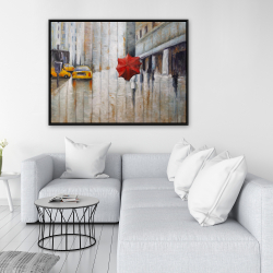 Framed 36 x 48 - Red umbrella in the street