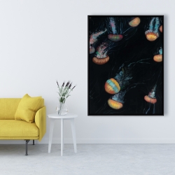 Framed 36 x 48 - Colorful jellyfishes swimming in the dark