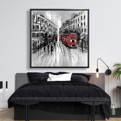 Framed 48 x 48 - Black and white street with red bus