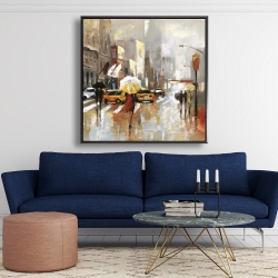 Framed 48 x 48 - People with umbrellas walking across the street