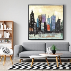 Framed 48 x 48 - Skyline on abstract cityscape