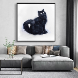 Framed 48 x 48 - Furry black watercolor cat