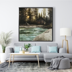 Framed 48 x 48 - Cabin in the forest