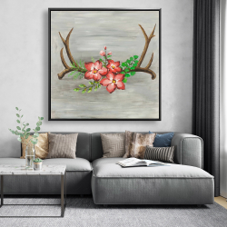 Framed 48 x 48 - Deer horns and pink flowers