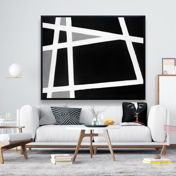 Framed 48 x 60 - Black and white abstract shapes