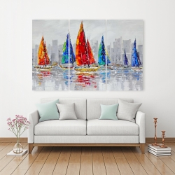 Canvas 40 x 60 - Colorful boats near a gray city