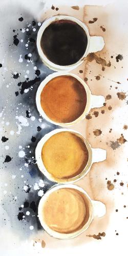 Four cups of coffee with paint splash