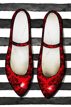 Red glossy shoes on striped background
