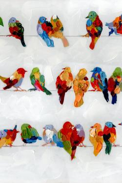 A lot of colorful birds on a wire