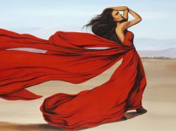  femme avec longue robe rouge dans le désert