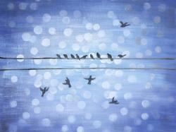 Birds on a wire with a clear blue sky