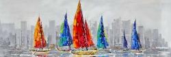 Colorful boats near a gray city