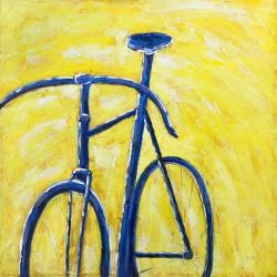 Bicyclette bleue sur fond jaune